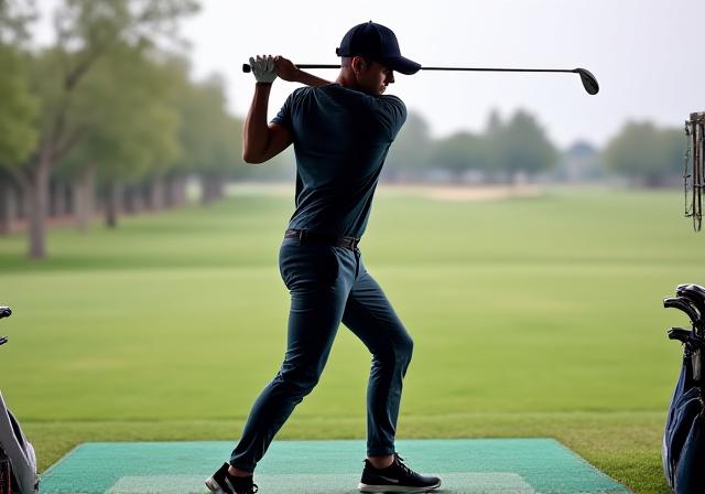 Golfista che esegue esercizi di stretching dinamico al campo pratica